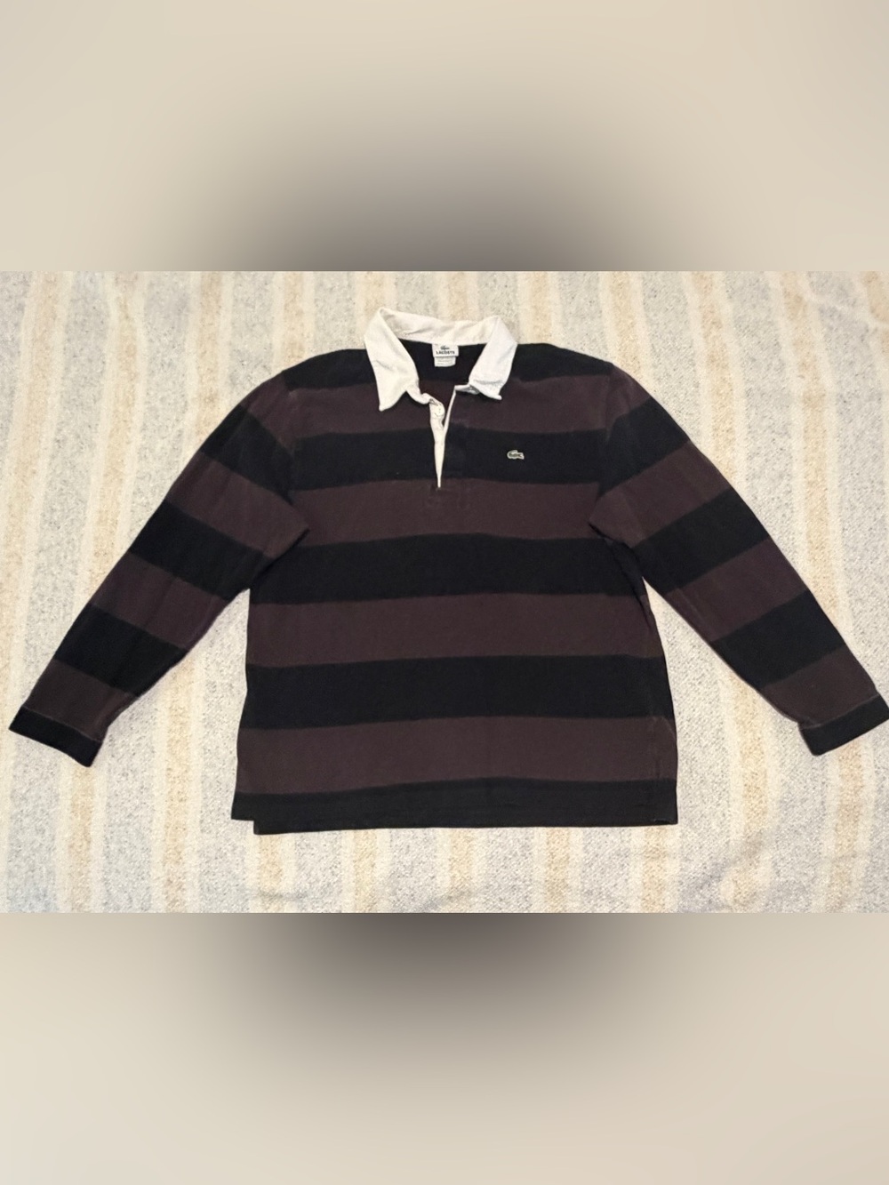 Lacoste Black and Brown Striped Rugby Polo with White Collar